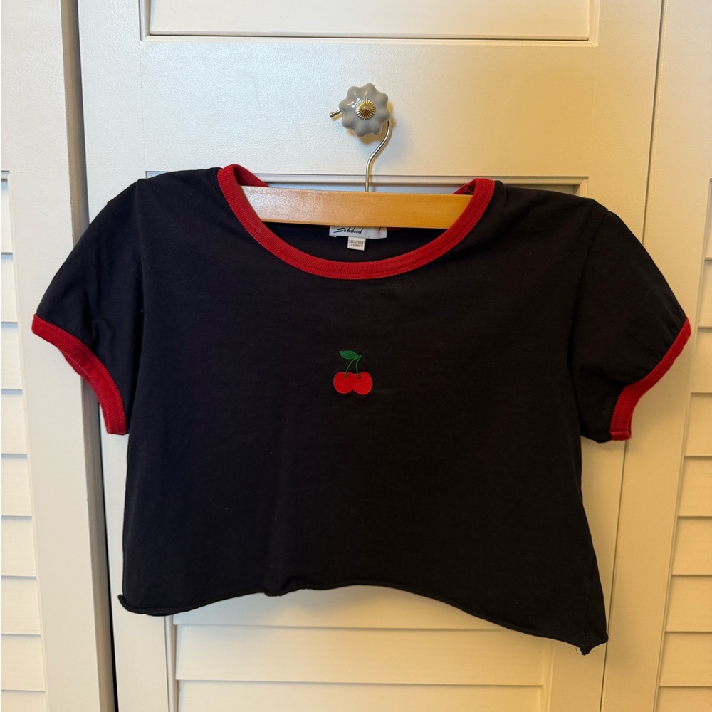 Subdued Navy and Red Cropped Cherry T-Shirt